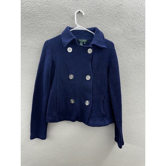Lauren Ralph Lauren Womens Sweater Petite Medium Blue Double-Breasted Nautical - Picture 1 of 12